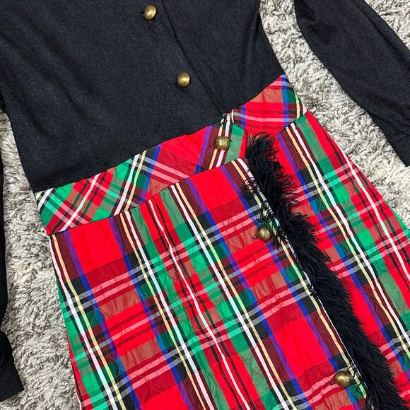 Vintage 60s 70s Maxi Dress Red Quilted Tartan Plaid Black Long Sleeve Christmas - Picture 3 of 12
